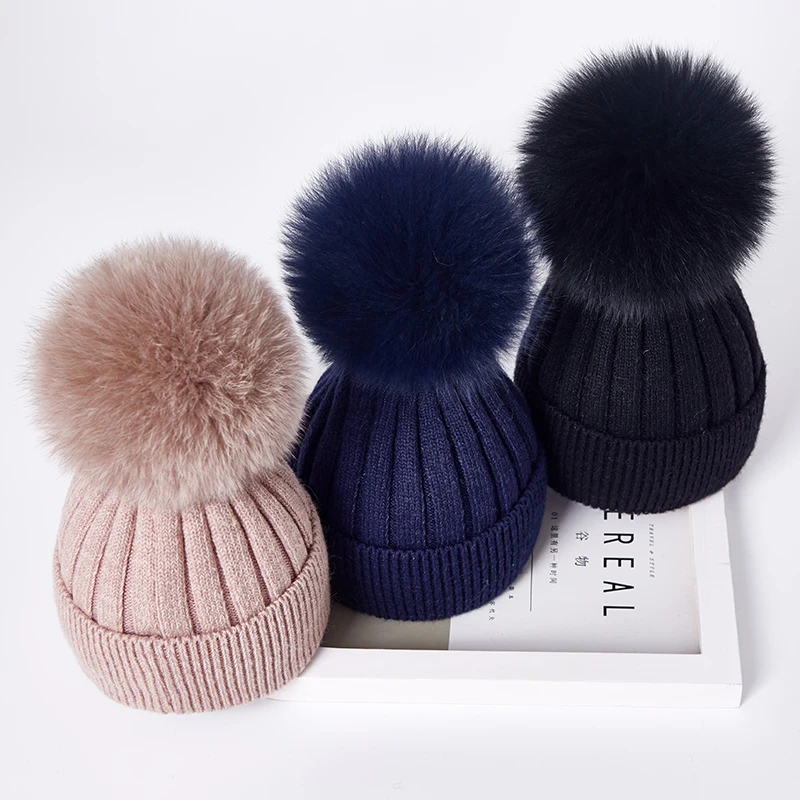 Winter women Girls real fox fur pom pom knitted beaines cap Kid baby Boy Child Rabbit fur knitting skullies hat Cashmere gorros