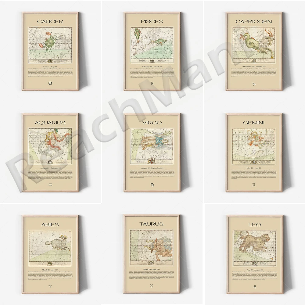 Vintage zodiac art print, Pisces, Leo, Sagittarius wall art retro aesthetic decoration posters, birthday gift ideas