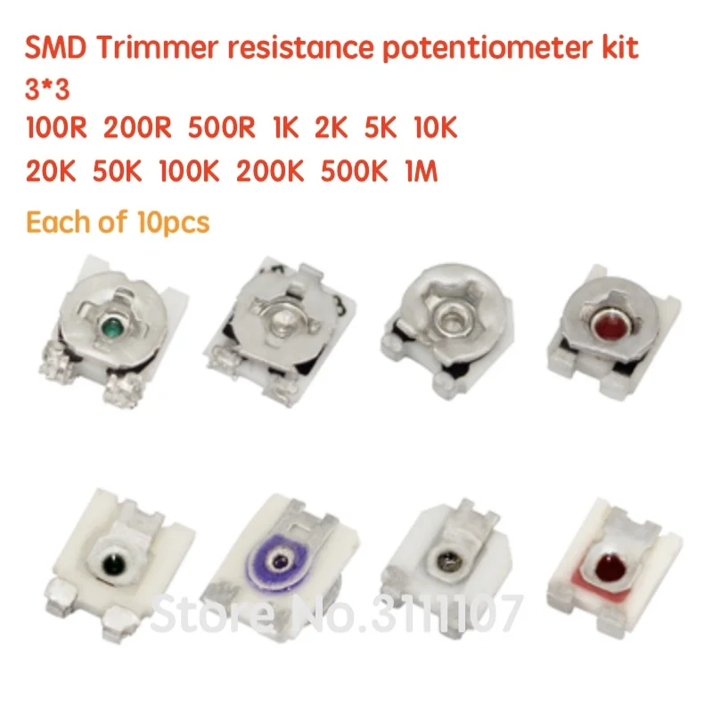 130PCS 3*3 10-1 M Ohm Trimpot Trimmer Potentiometer Variable Resistor Kit 10R-1M 3X3 SMD Adjustable Potentiomete Resistance