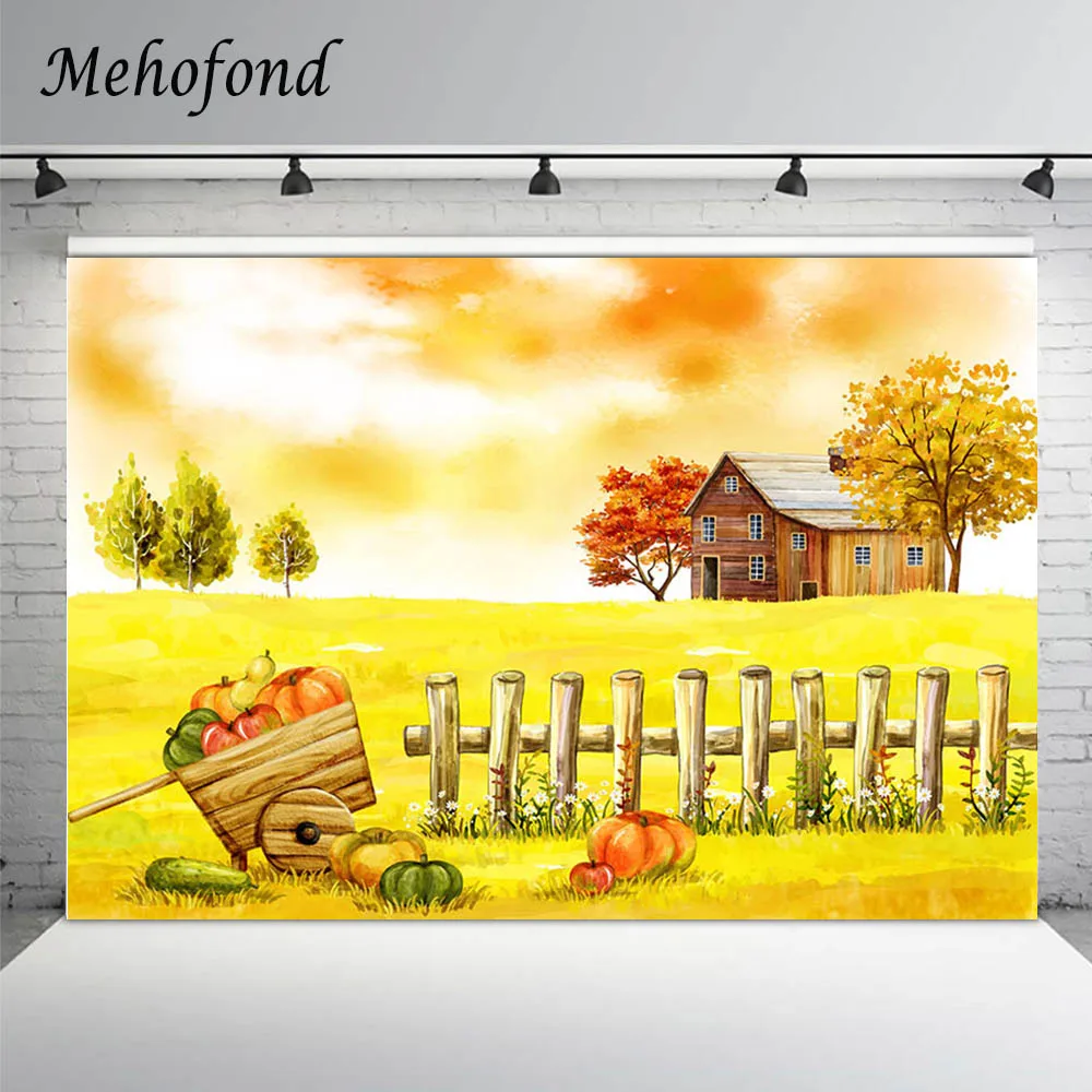 

Mehofond Fall Photography Background Autumn Gold Yellow Grassland Pumpkin Fence Cabin Newborn Baby Shower Backdrop Photo Studio