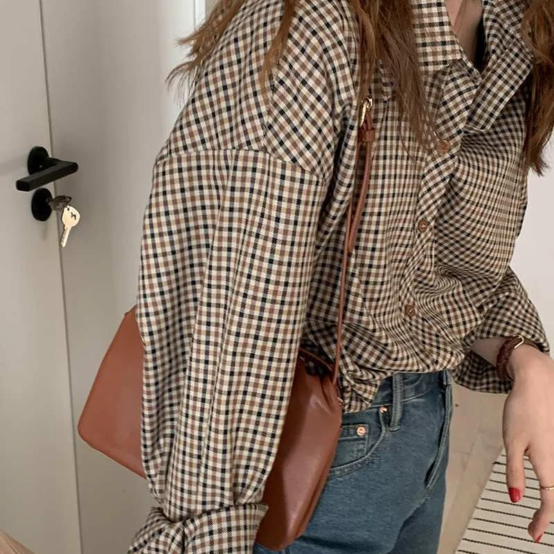 Shirt Women Brown Plaid Vintage Simple Elegant Female Long Sleeve Preppy Style Tops All-match Turn-down Collar Wooden-Buttons