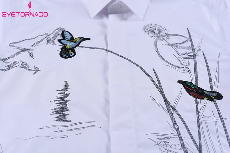 Flower and Bird Embroidered Shirts Men Long Sleeve Wedding Party Groom Dress Shirt White Gentlemen Streetwear Men Shirts 4XL