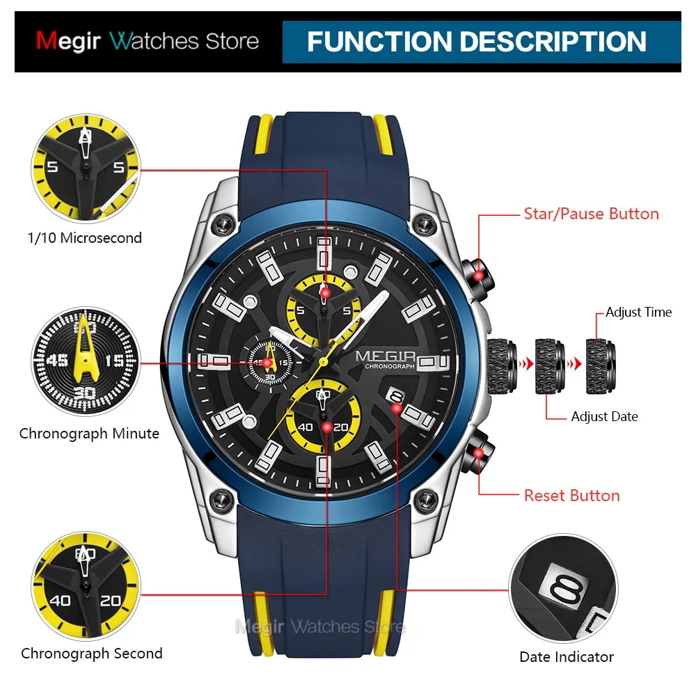 MEGIR Men\'s Military Sport Watches Men Waterproof Fashion Blue Silicone Strap Wristwatch Man Luxury Top Brand Luminous Watch