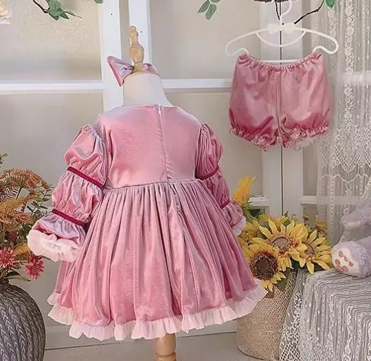 Vestido vintage de terciopelo para niña, vestido de princesa con lazo, manga abombada, corte pequeño, fragancia, fiesta de cumpleaños, lolita, Invierno