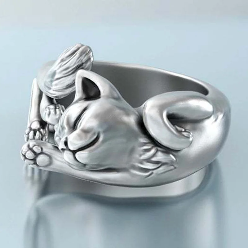 New Vintage Cute Cat Rings Women Jewelry Birthday Gift Trendy Open Size 925 Sterling Silver Ring Girl Party Accessories KOFSAC