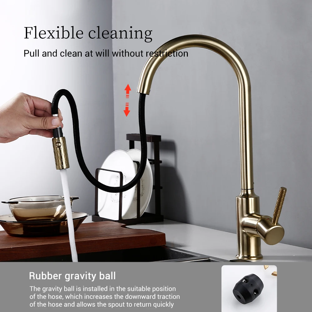 Bagnolux Brass  Pull-Out Sprayer Gold Brush  Cold Hot Water Mixer Tap Rotation Holder Single Hole Deck Mounted Kitchen Faucet