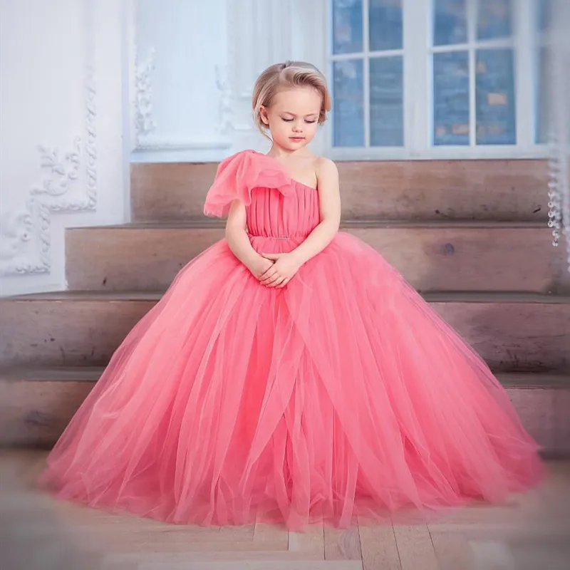 Robe longue à fleurs en Tulle pour filles, asymétrique, épaule dénudée, tenue de fête de mariage pour enfants, accessoires de photographie, nouvelle collection