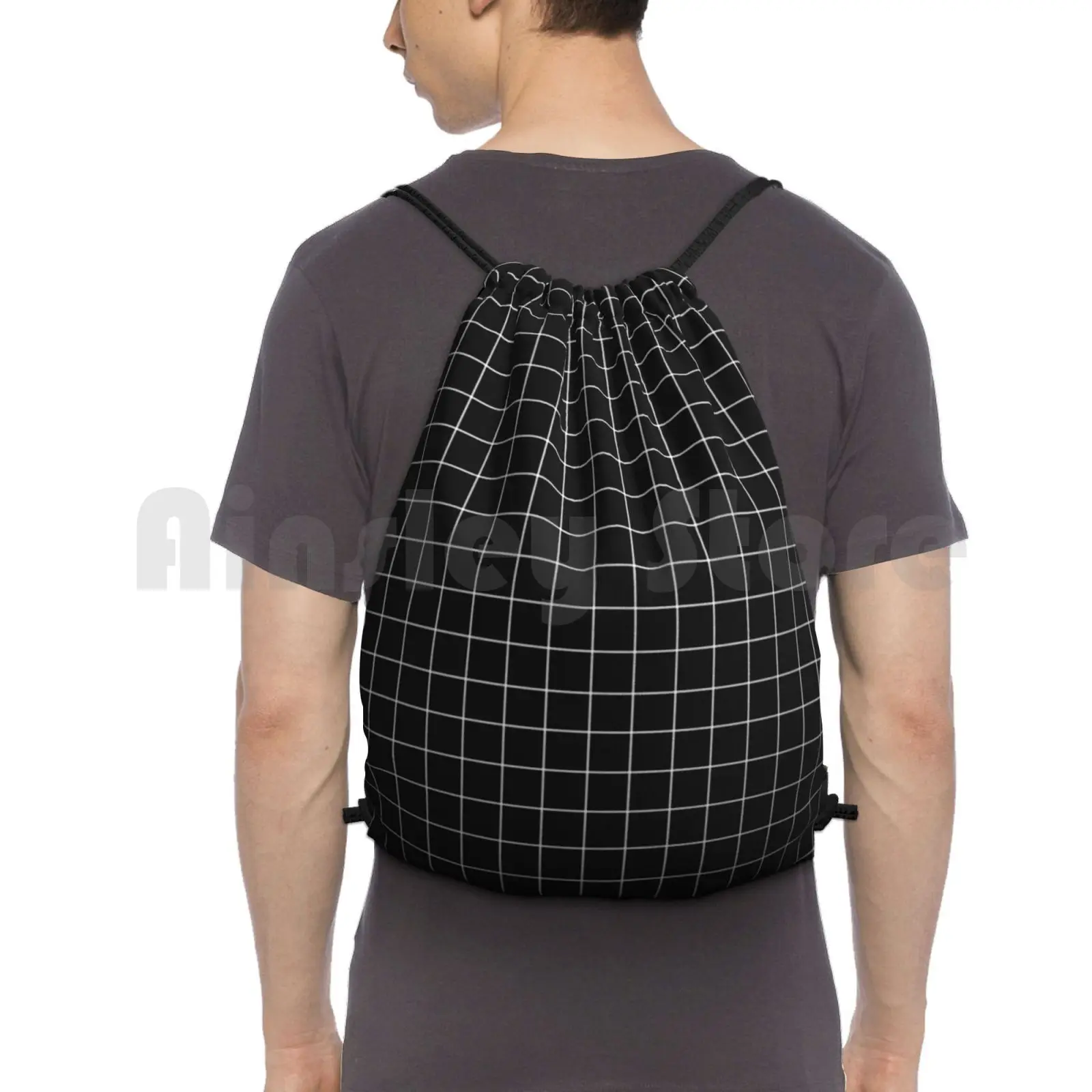 Black Window Pane Print Backpack Drawstring Bags Gym Bag Waterproof Window Pane Pattern Patterns Monochrome Monotone