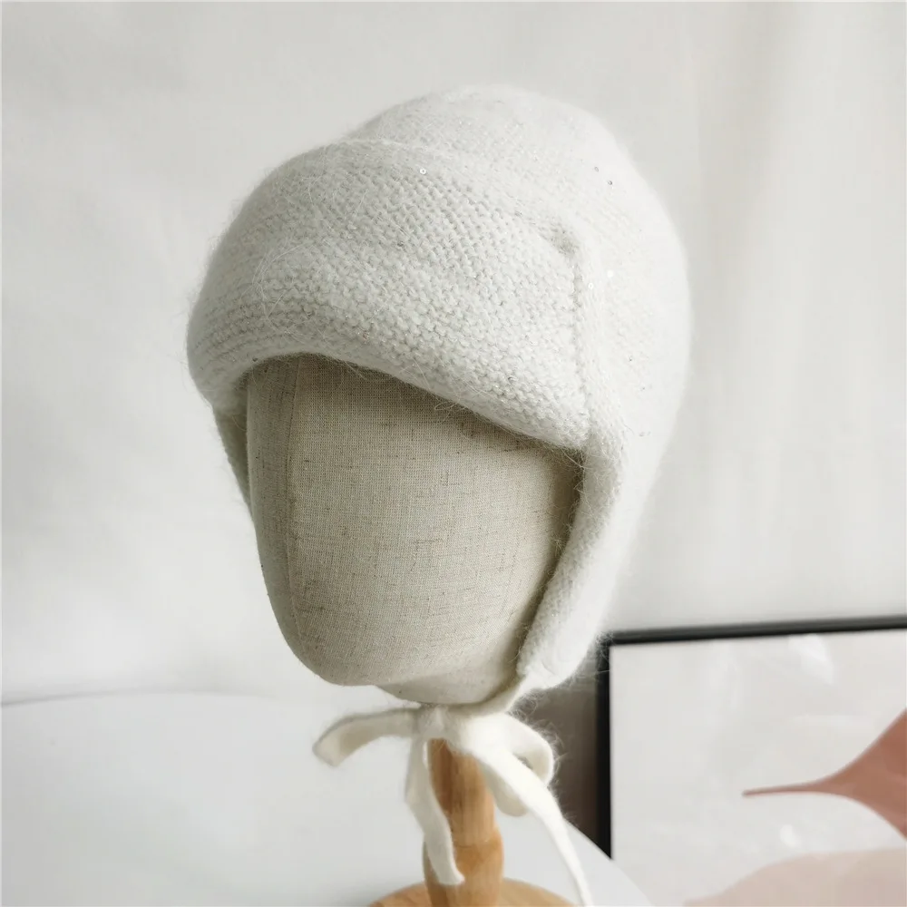 Gorro de punto de Angora para mujer, orejeras, cálido, accesorio de esquí al aire libre para adolescentes, Otoño e Invierno