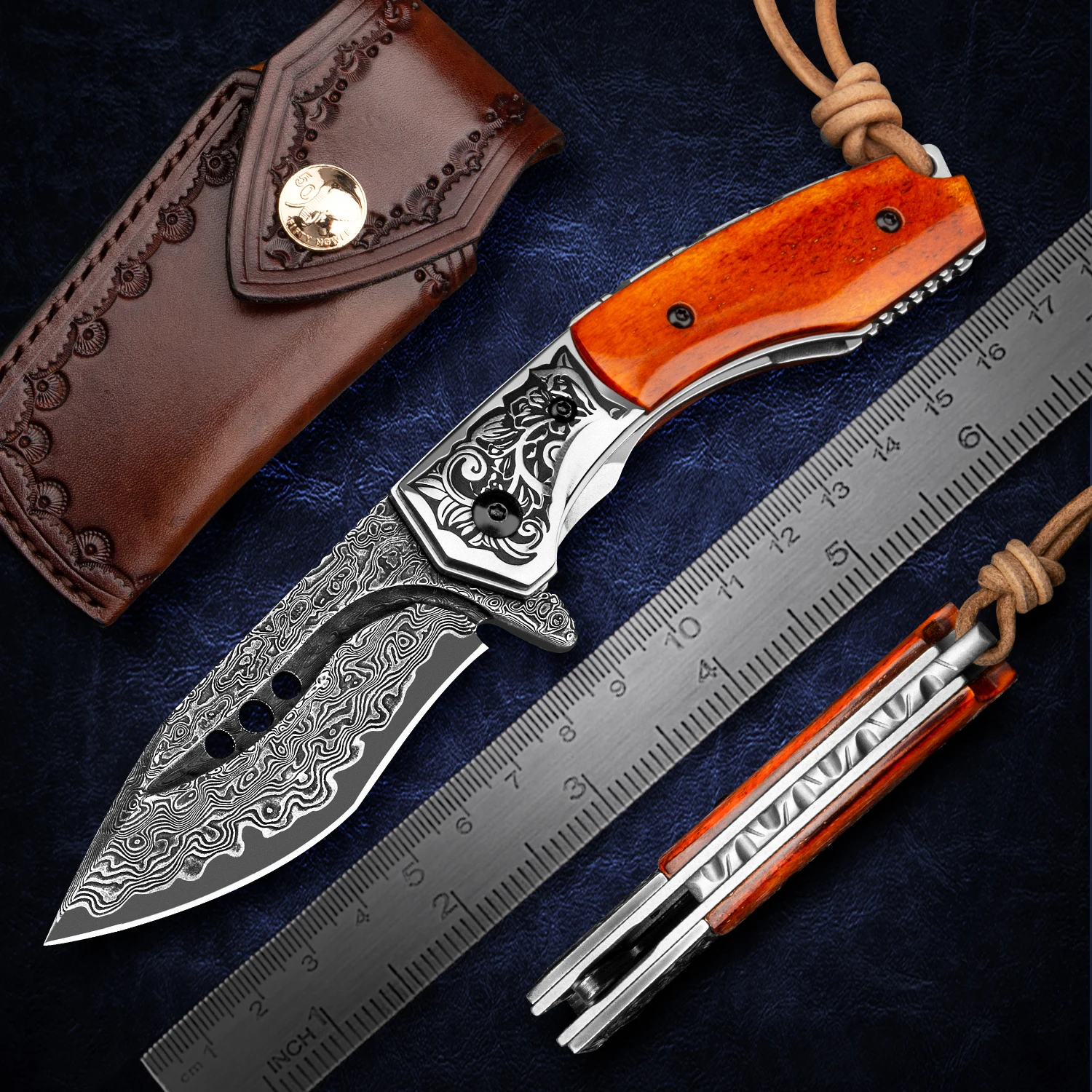 NEWOOTZ Damascus Tanto Point Folding Pocket Knife with Sheath Japanese VG10 Core Bone Handle Self-defense EDC Tools for Hunting