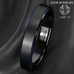 6mm Men's Wedding Band Tungsten Carbide Ring Black Brushed Blue Stripe Free Shipping