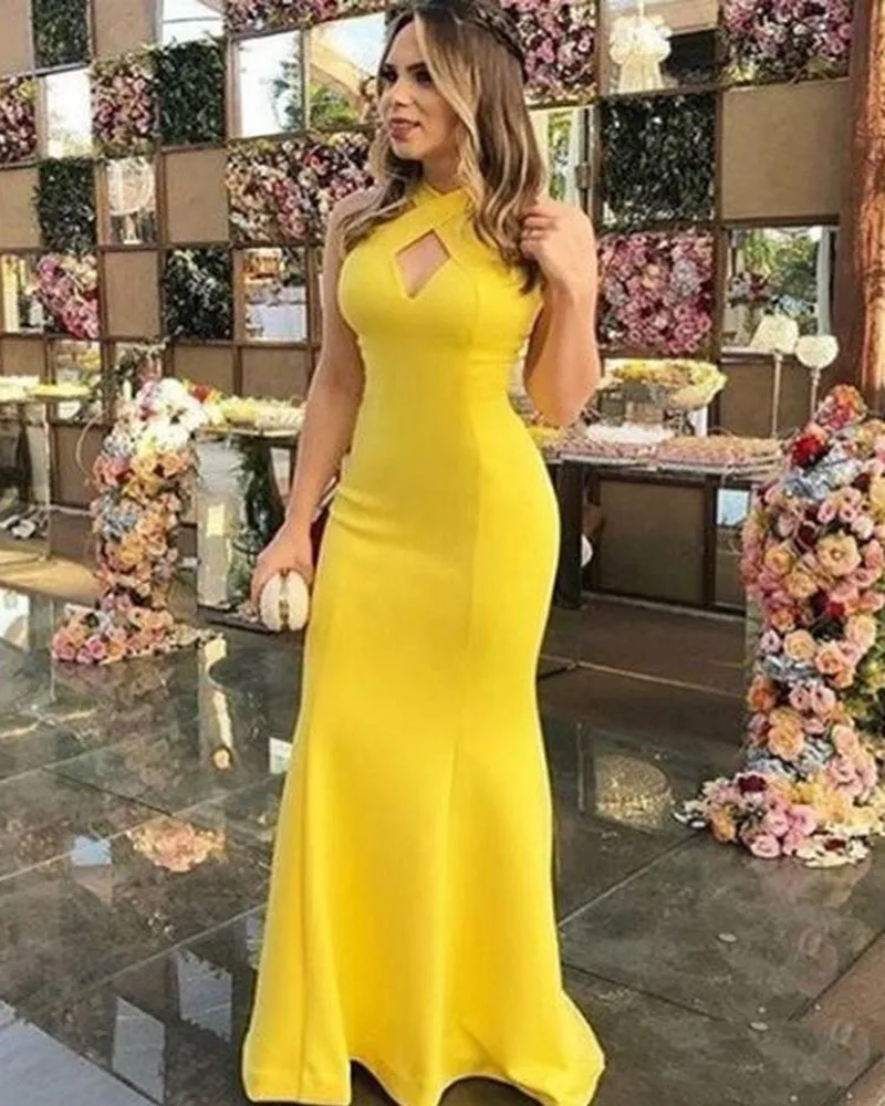 Simple Gold Yellow Mermaid Evening Dresses 2022 For Women Halter Soft Satin Pageant Gown Vestidos Robe De Soiree