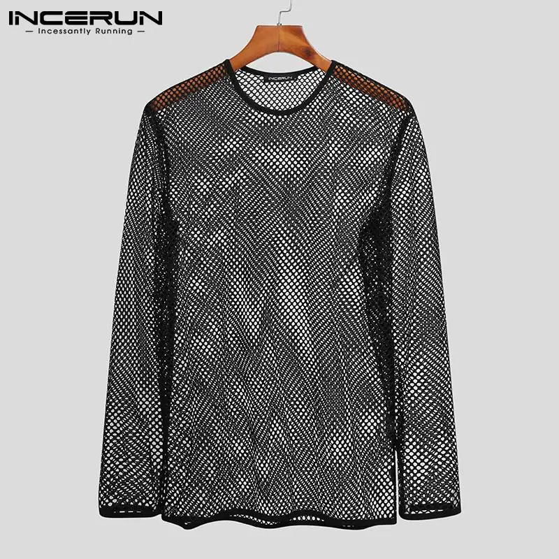 INCERUN 2024 Men T Shirt Mesh Transparent O-neck Long Sleeve T-shirts Sexy Streetwear Fashion Party Nightclub Men Clothing S-5XL