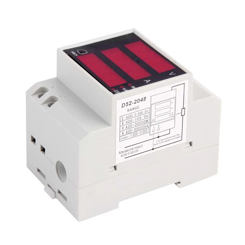 D52-2048 Din Rail LED Digital Voltmeter Ammeter Current Meter Active Power Factor AC80-300V Multifunction Meter 100A