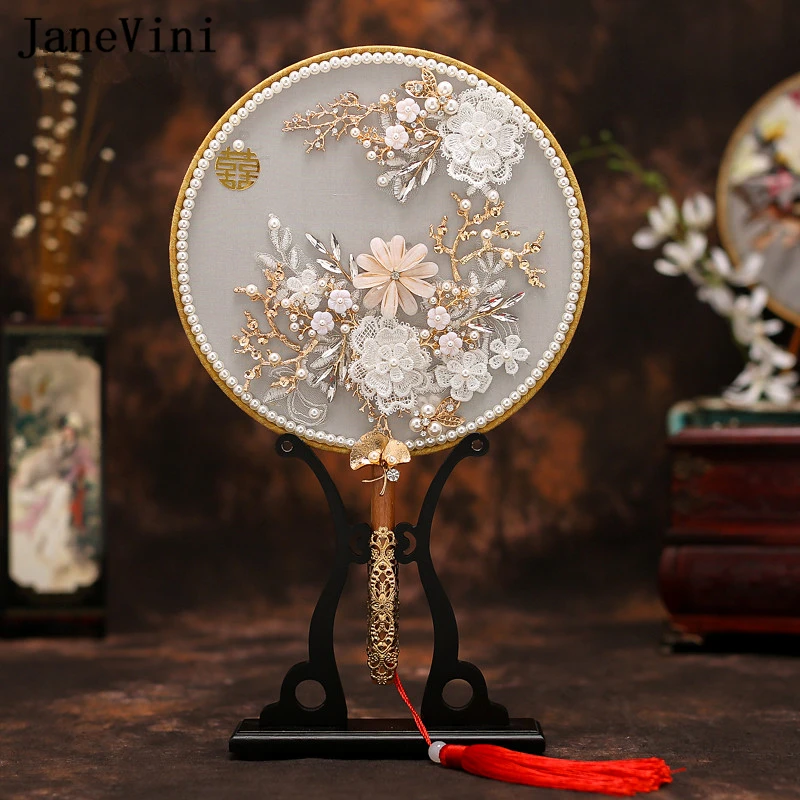 

JaneVini Luxury Chinese Jewelry Bridal Fan Bouquets Pearls Appliques Handmade Flowers Metal Round Hand Fan Wedding Accessories