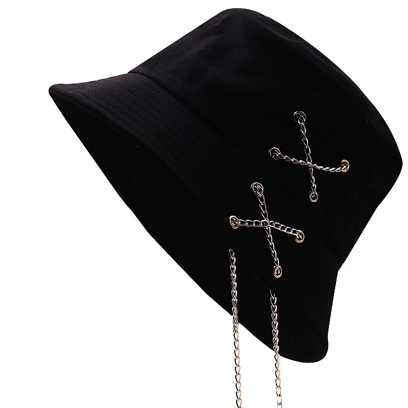 Unique Cotton Bucket Hat Cross Chain Fisherman Hat Unisex Hip Hop Cap Gross Panama Outdoor Soild Color Sun Hat For Women Men