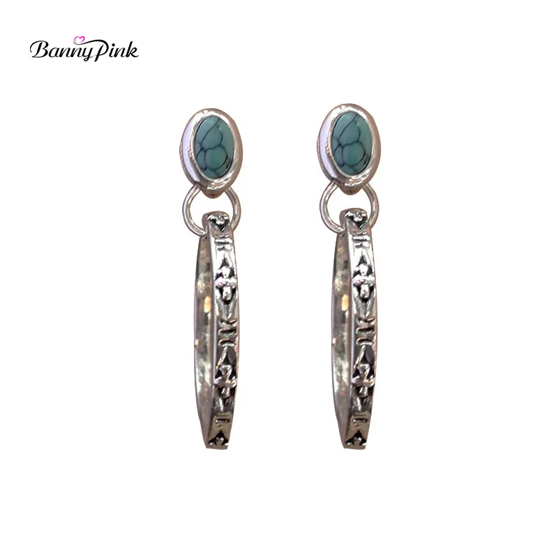 Banny Pink Ethnic Turquoises Circle Stone Stud Earring For Women Bohemian Metal Round Drop Ear Fashion Jewelry