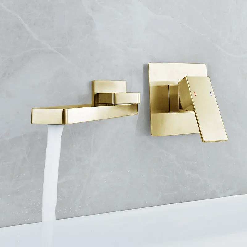 

Modern Gold Swing Spout Wall Mount Basin Faucet Single Handle Mixer Tap Concealed Bathroom Sink Torneira