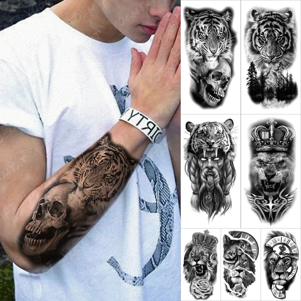 

Waterproof Temporary Sleeve tatooo Sticker Tiger Skeleton Clock River Black Painted Legs tattoos Body Art Fake tatoo Male Female