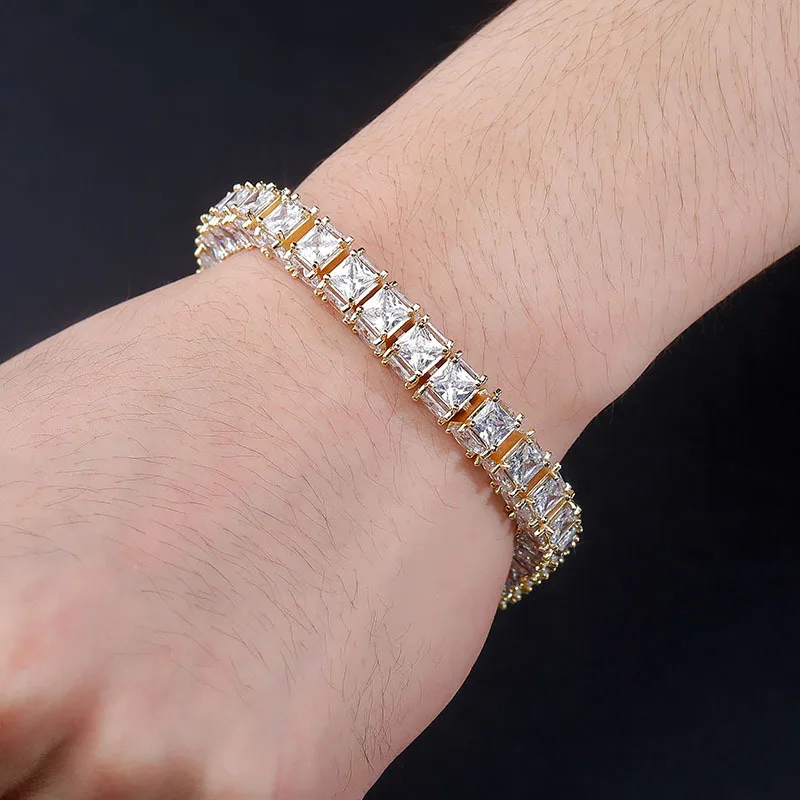 6mm-8mm Hip Hop Claw Setting AAA+ CZ Stone Bling Iced Out Square Tennis Link Chain Bangles Bracelets for Men Rapper Jewelry