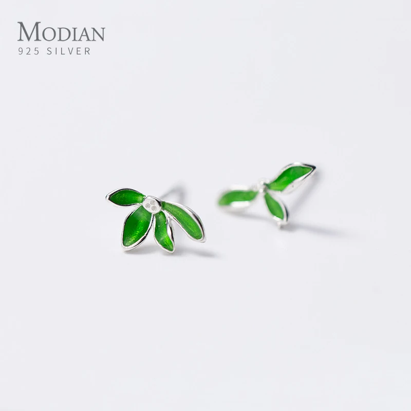 Modian Green Enamel Leaves Stud Earrings for Girls Lady Women 925 Sterling Silver Tree of Life Prevent Allergy Jewelry Brinco