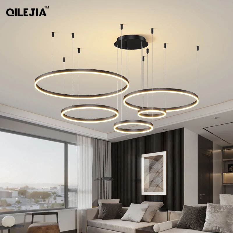 Modern Brushed Rings Led Chandelier Home Lighting Ceiling Mounted For Living Room Bedroom Hanging Lamp Gold Black Coffee Lights