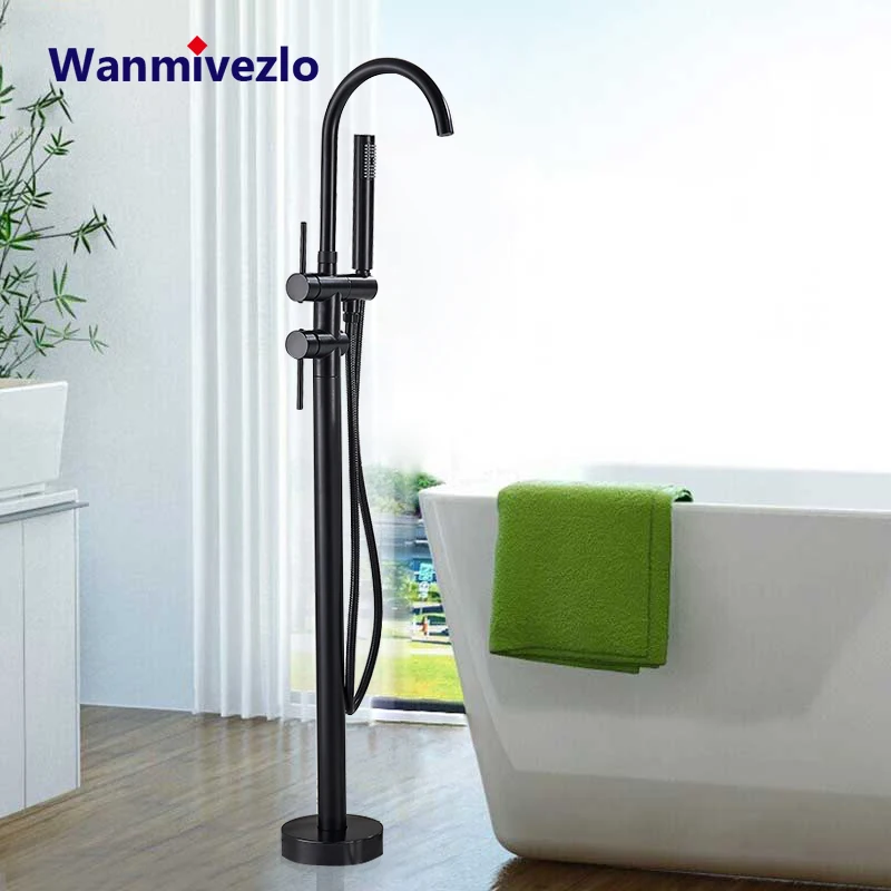 Wanmivezlo Black Bathtub Floor Stand Faucet Mixer Single Handle Tap Two Function 360 Rotation Spout With ABS Handshower