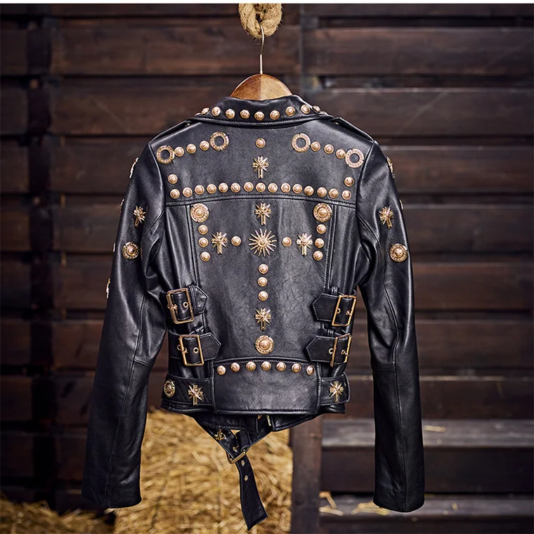 Luxury Brand Designer Rivet Gothic Punk Real Sheepskin Genuine Leather Jackets Slim Motorcycle Biker Ladies Coats Chaqueta Mujer