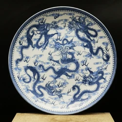 Qing Qianlong Blue And White Five Dragon Plate Living Room Bogu Shelf Porcelain Plate Antiques Collection Antique Ornaments