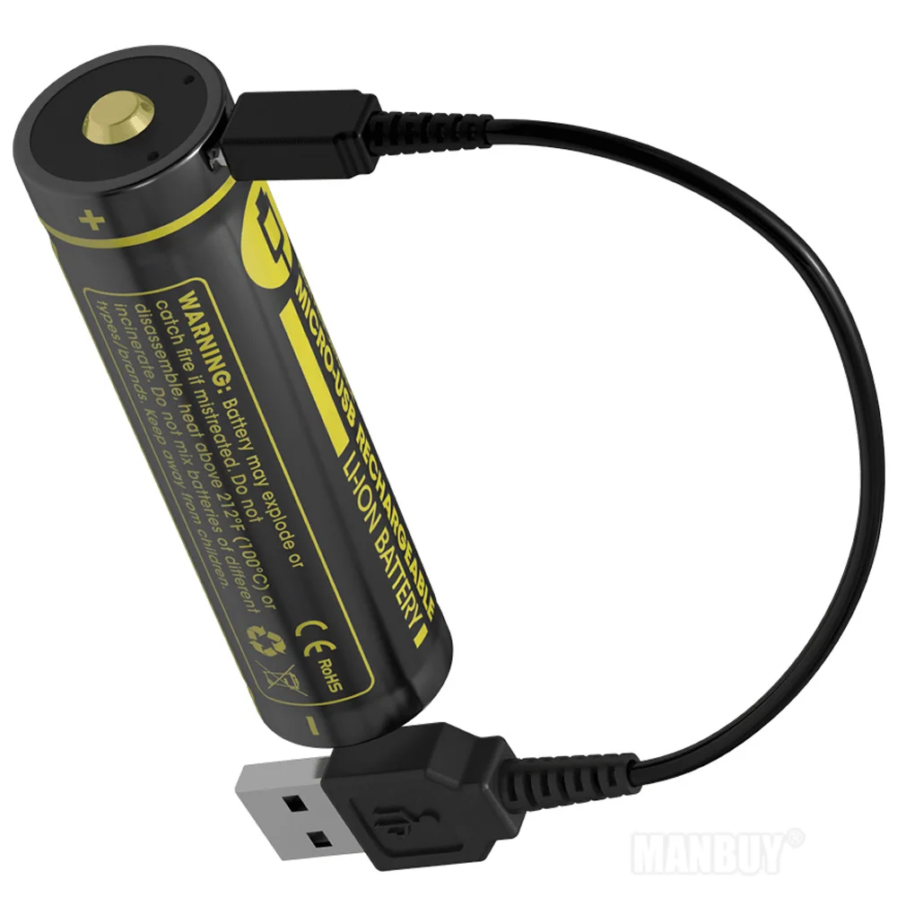 NITECORE 2900mAh High Performance Rechargeable Liion Battery Button Top 18650 Protected  NL1829RLTP with USB Charge Cable