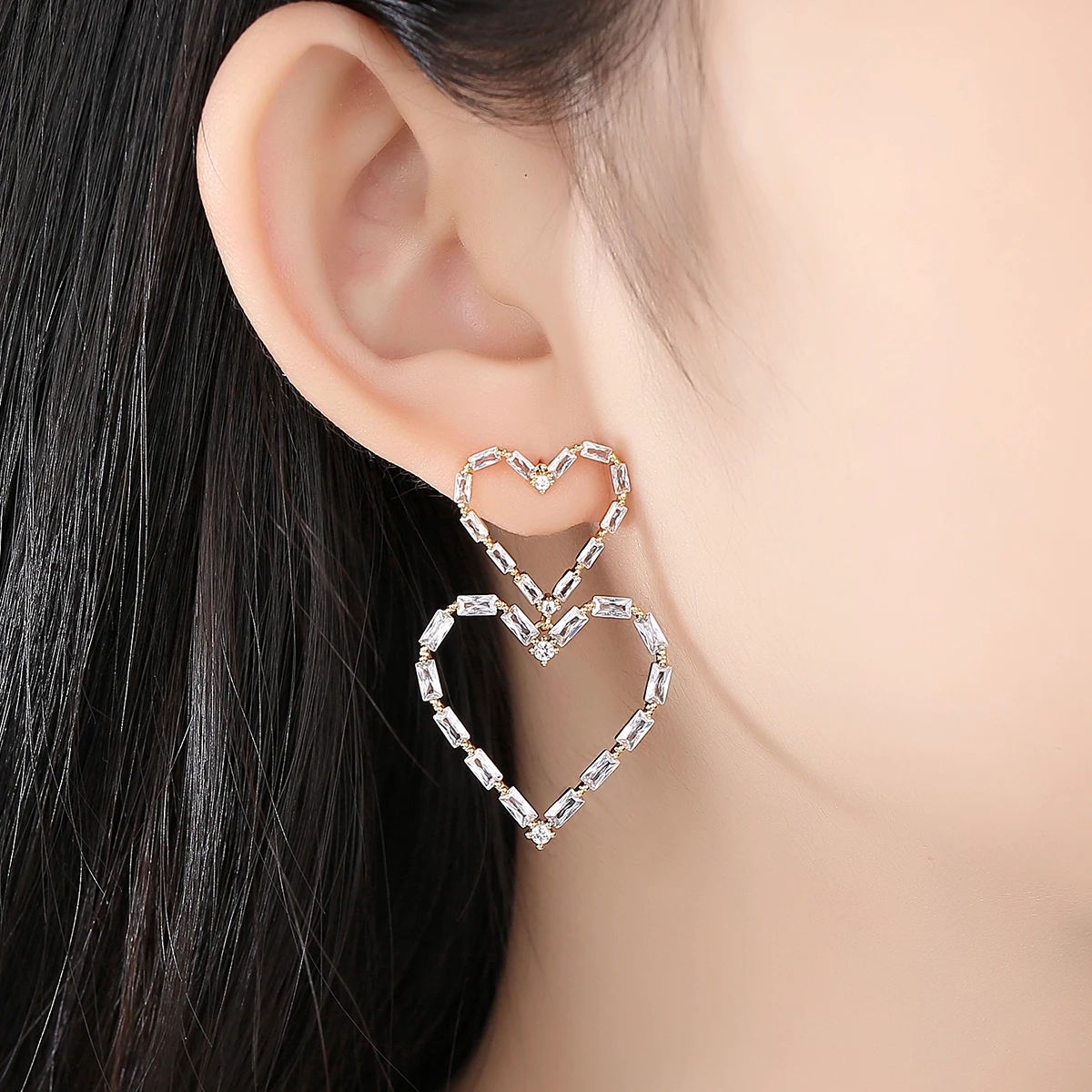 LUOTEEMI Romantic Double Heart Shape Dangle Earrings for Women Gold Silver Color Cubic Zircon Earring for Girls Wholesale Item