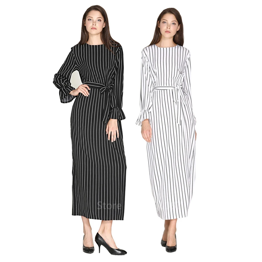 

Muslim Abaya Womens Striped Long Dress Slim Long Abayas Islamic Muslim Style Fashion Plus Size White Turmpet Sleeve Clothing