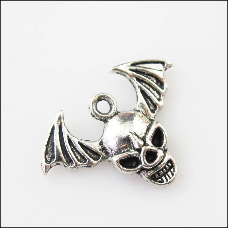 25 New Halloween Bat Skull Wings Tibetan Silver Tone Charms Pendants 16x21.5mm