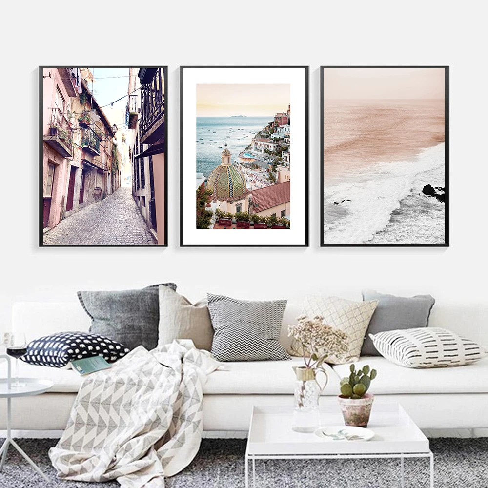 

Italy Amalfi Coast Beautiful Waves Poster Pink Narrow Alley Lisboa Landscape Print Beach Canvas Art Painting Picture Wall Decor