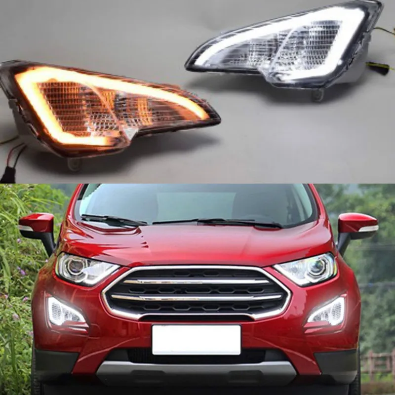 2PCS LED Daytime Running Light With Turn Signal Function Waterproof ABS 12V Car DRL LED Fog Lamp For Ford EcoSport 2018 2019