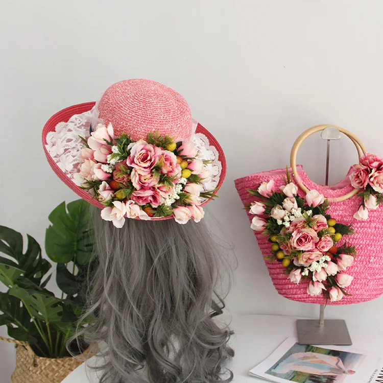 Sweet Lace and Artificial Rose Lily Flower Beach Bag Hat Suit Elegant Straw Customized Handbag for Summer Vacation Women Lady