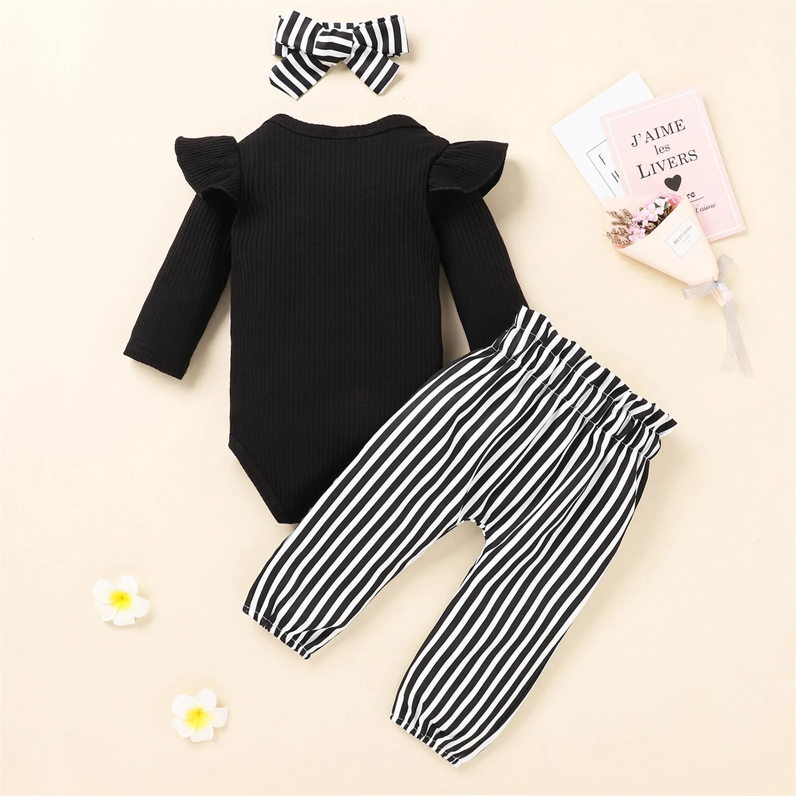 3pcs Newborn Baby Girls Clothes Ribbed Bodysuit +Striped Pants +Headband Sets Baby Outfits Winter Girl Clothing 3 6 12 18 Months