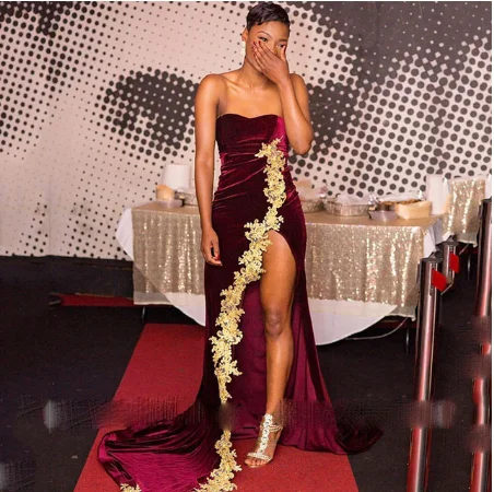 

Sexy High Side Split Velvet Prom Dresses Gold Applique Sweetheart Vestidos De Festa Long Kaftan Evening Party Dress 2024