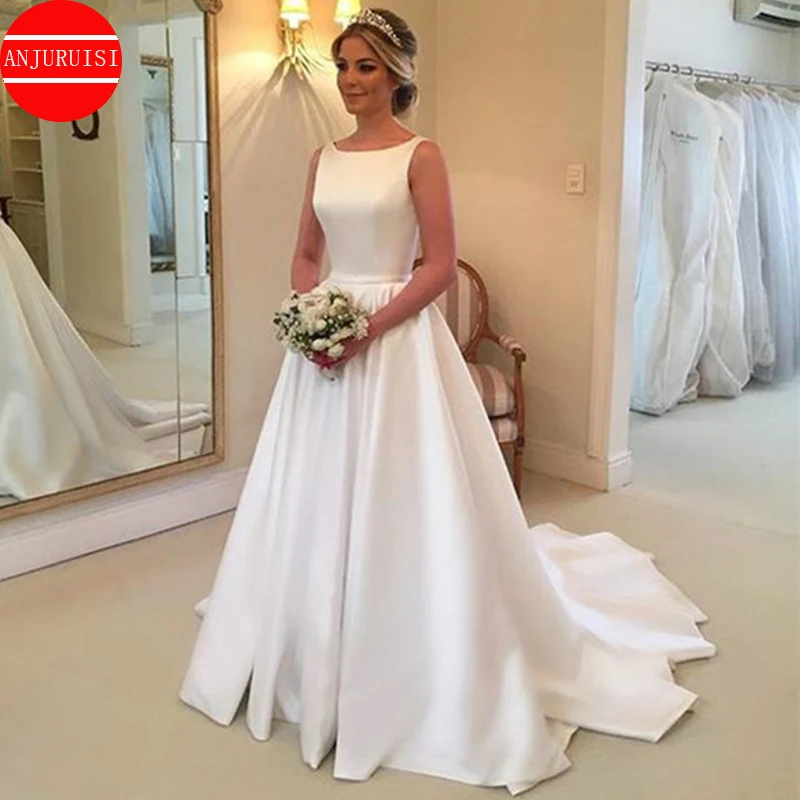 

White Satin A Line Wedding Dress 2020 Scoop Sweep Train Backless Simple Bridal Gowns Vestido De Casameto Cheap Robe De Mariage