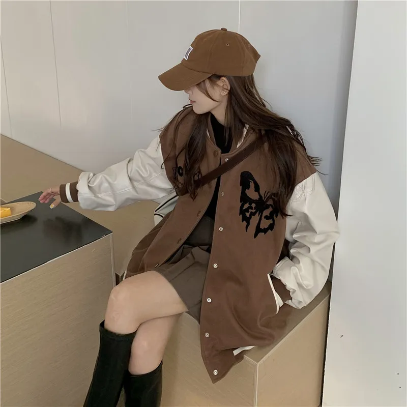 Keep Warm Vintage Cotton Clothes Loose Casual Single Breasted Color Contrast Embroidery Baseball Uniform Coat Harajuku Jacket