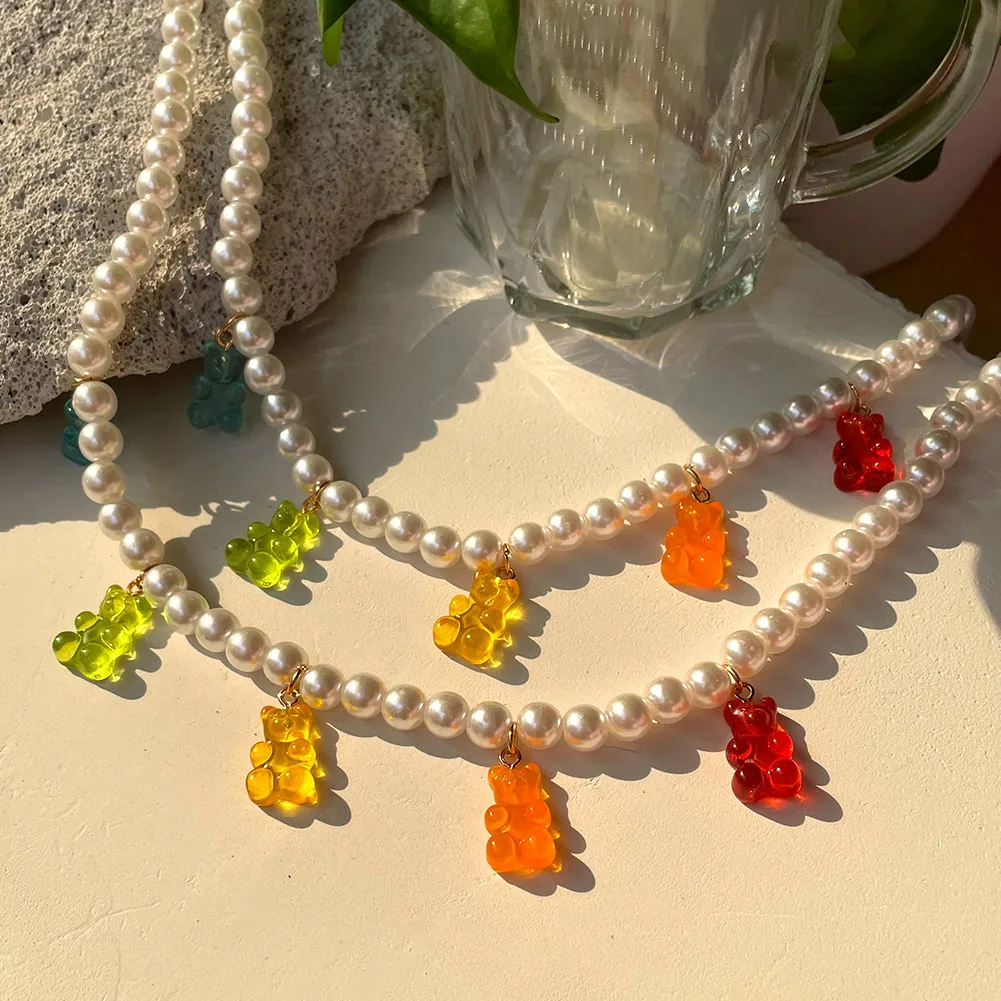 Y2K Candy Color Gummy Bear Necklace For Women Cute Cartoon Animal Imitation Pearl Bead Choker Korean Fashion Jewelry Wholesale