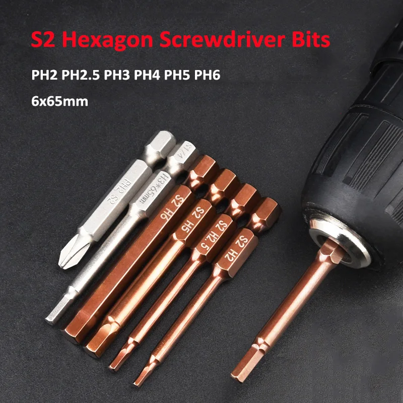 6*65mm Hexagon Screwdriver Bits Magnetic Impact Drivers Hex Shank PH2 PH2.5 PH3 PH4 PH5 PH6