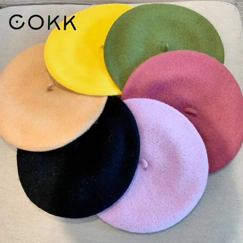 COKK Winter Hats For Women Wool Berets Painter Cap Autumn Winter Hat Female Flat French Artist Beret Girls Vintage Warm Casual