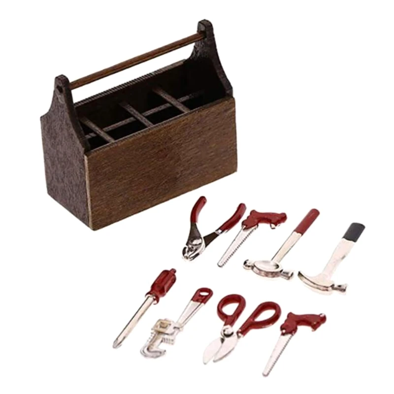 Miniature Wooden Box With Metal Tool Set Collection For 1/12 Dollhouse Decoration