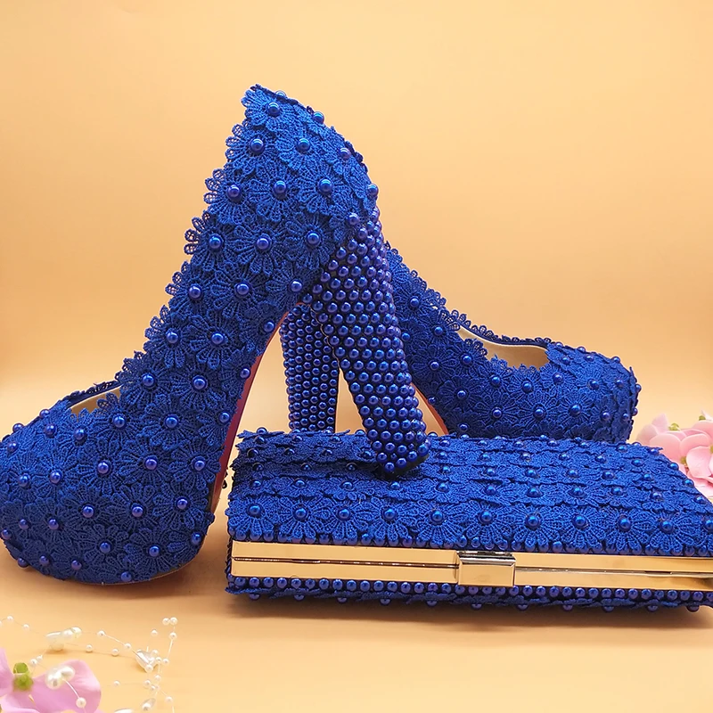 Love Moments Royal blue Flower Beads wedding shoes with matching bags Galosh Para Dress shoes woman high heels platform shoes