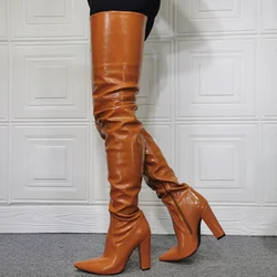 Custom Big Size 47 Brown Long Thigh High Boots Women Shoes Winter Pointy Toe Chunky High Heel Fashion Shoes Boots