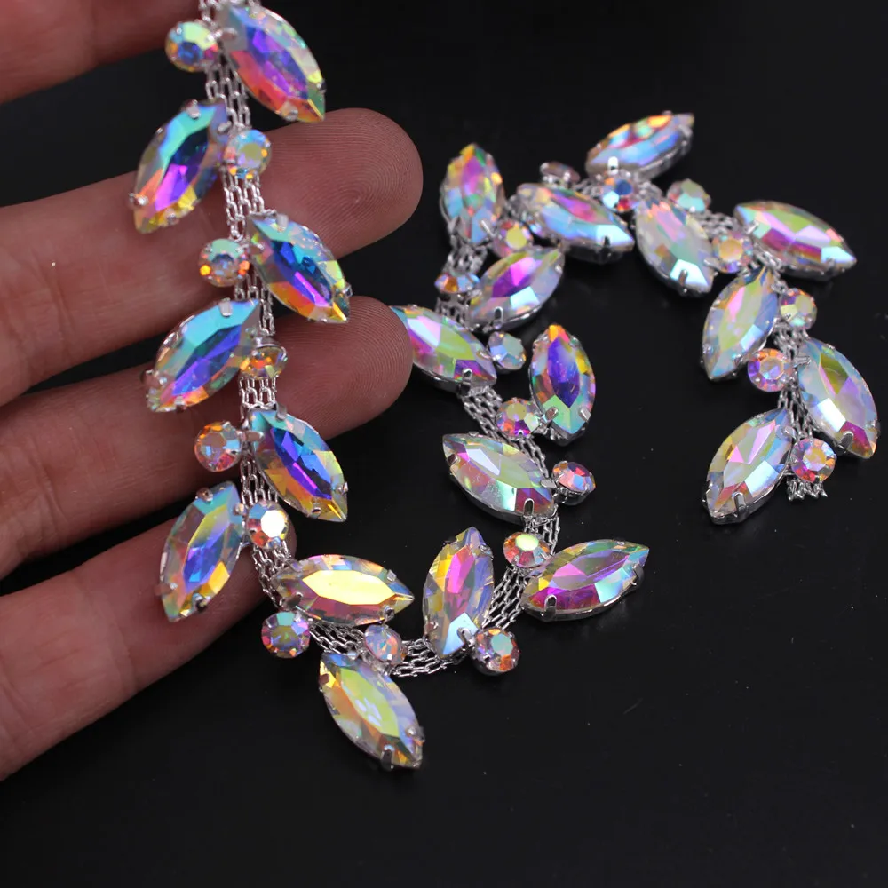 1 Yard Belly Dancing adornment Wedding Dress Accessory leaves rhinestones banding crystal silver rhinestones trim banding belt