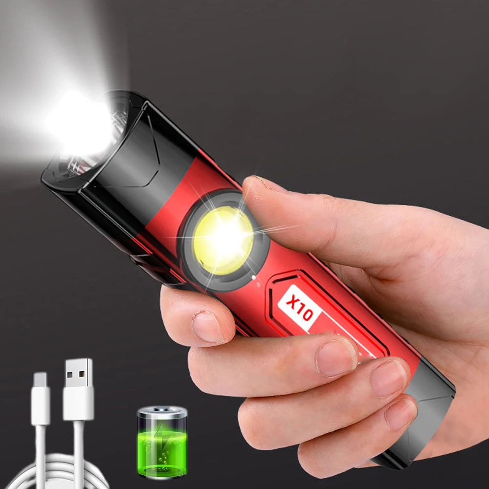 

Portable Bright LED Flashlight USB Rechargeable Lanterna Pocket Hand Light Mini Torch with Side Light Built-in Battery