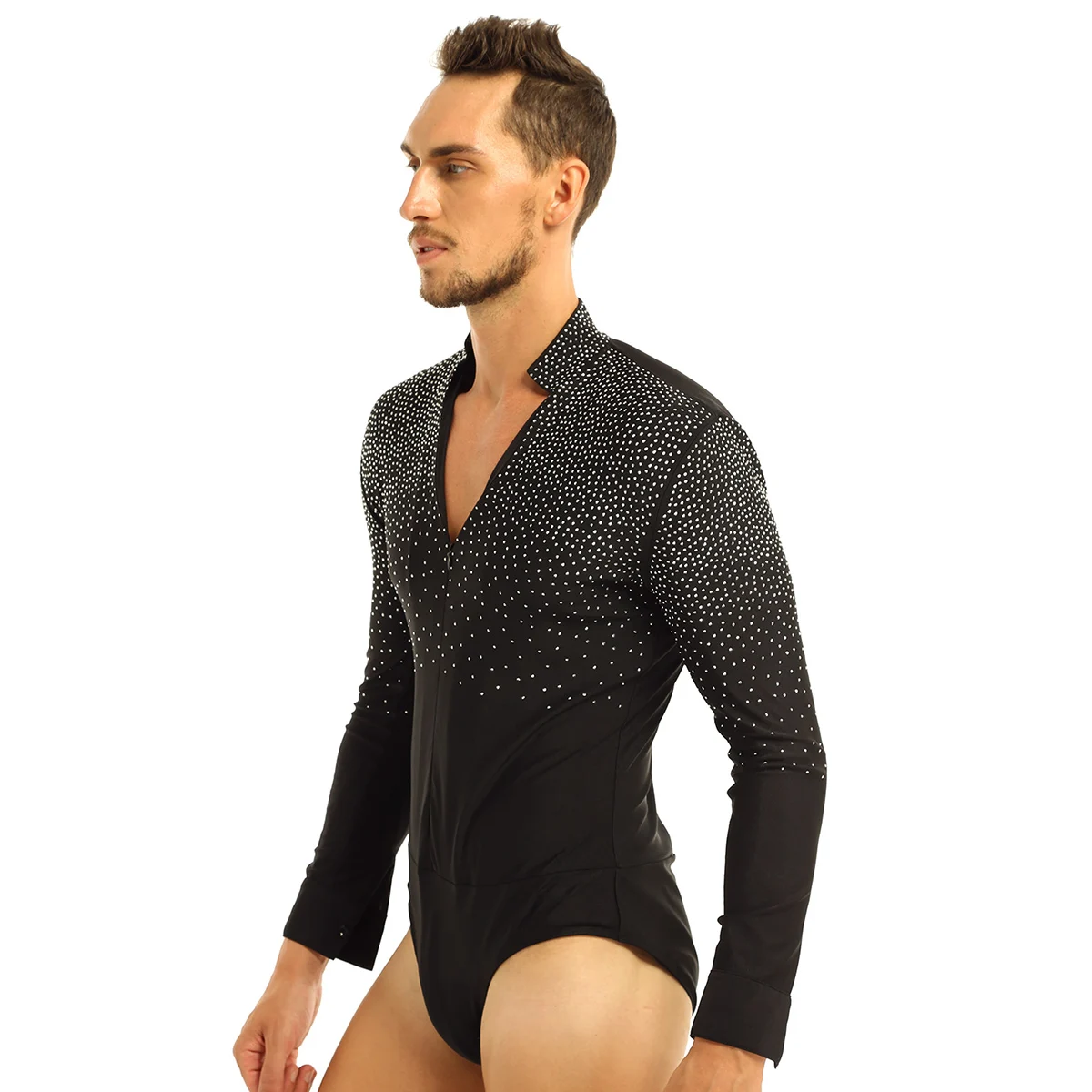 Mens Bodysuit Shirts Shiny Rhinestones Stand Collar Ballroom Costumes Dancewear Latin Tango Rumba Dance Shirt Leotard Shirt Tops