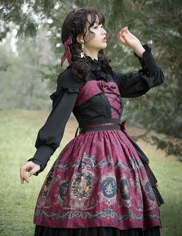 Robe de princesse gothique lolita pour filles, tenue vintage falbala taille haute imprimée style victorien, kawaii, lolita jsk loli